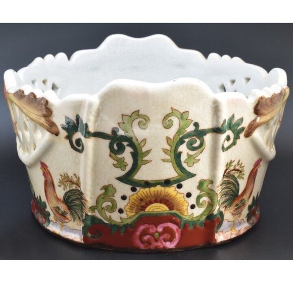 Vintage Oval Rooster Decorative Bowl with Diamond Cut-outs - Picture 4 of 9